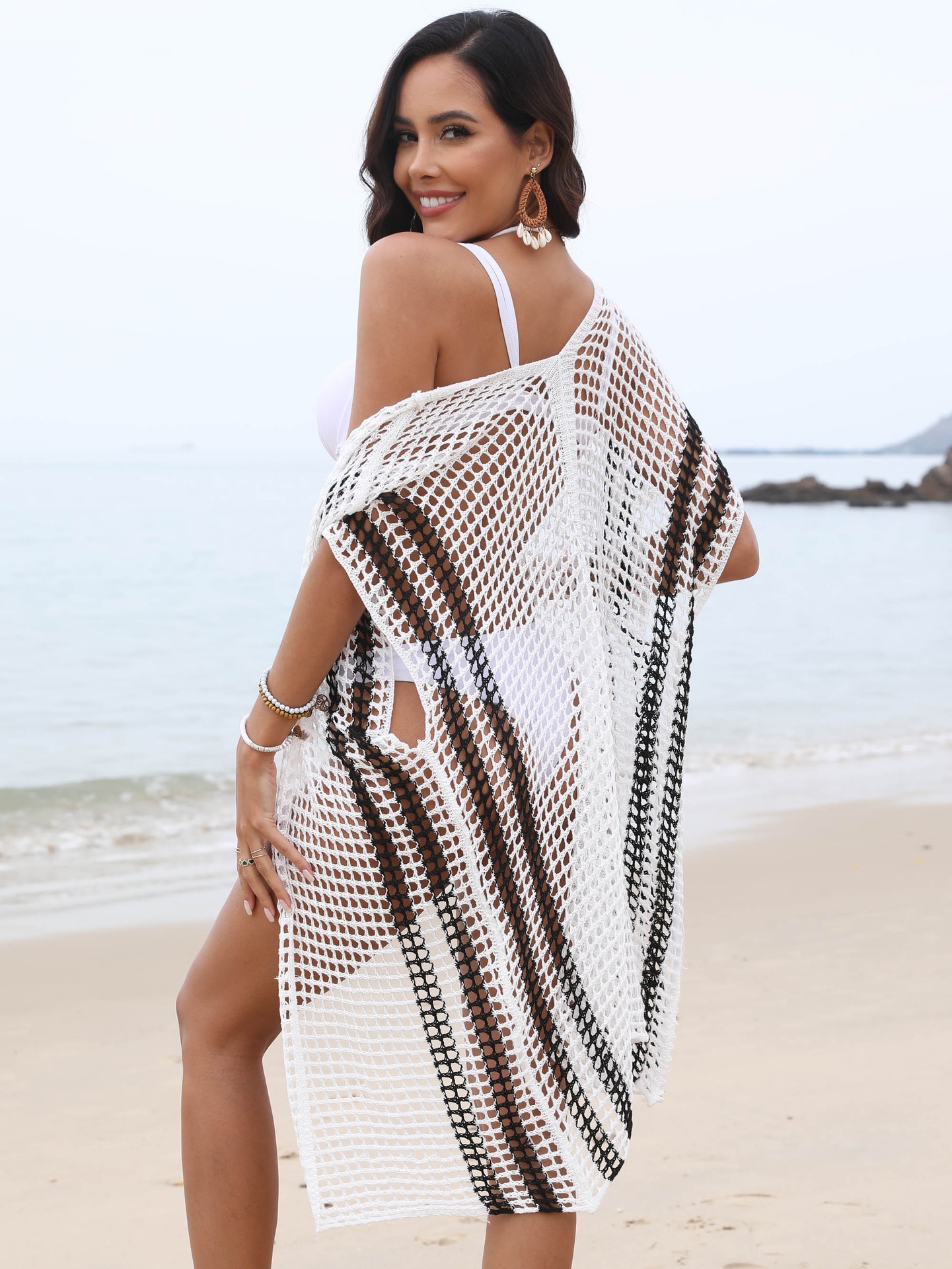 Women's Striped Crochet Knit Beach Cover-Up Cardigan