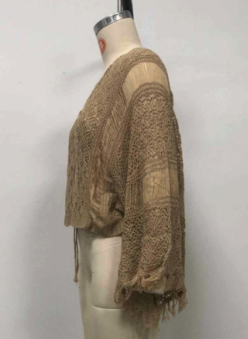 Seashell pattern beach cover-up, tassel bell sleeve sun protection cover-up