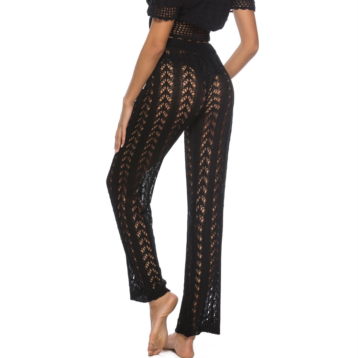 Women's Crochet Knit Beach Pants Sheer Wide Leg Cover-Up