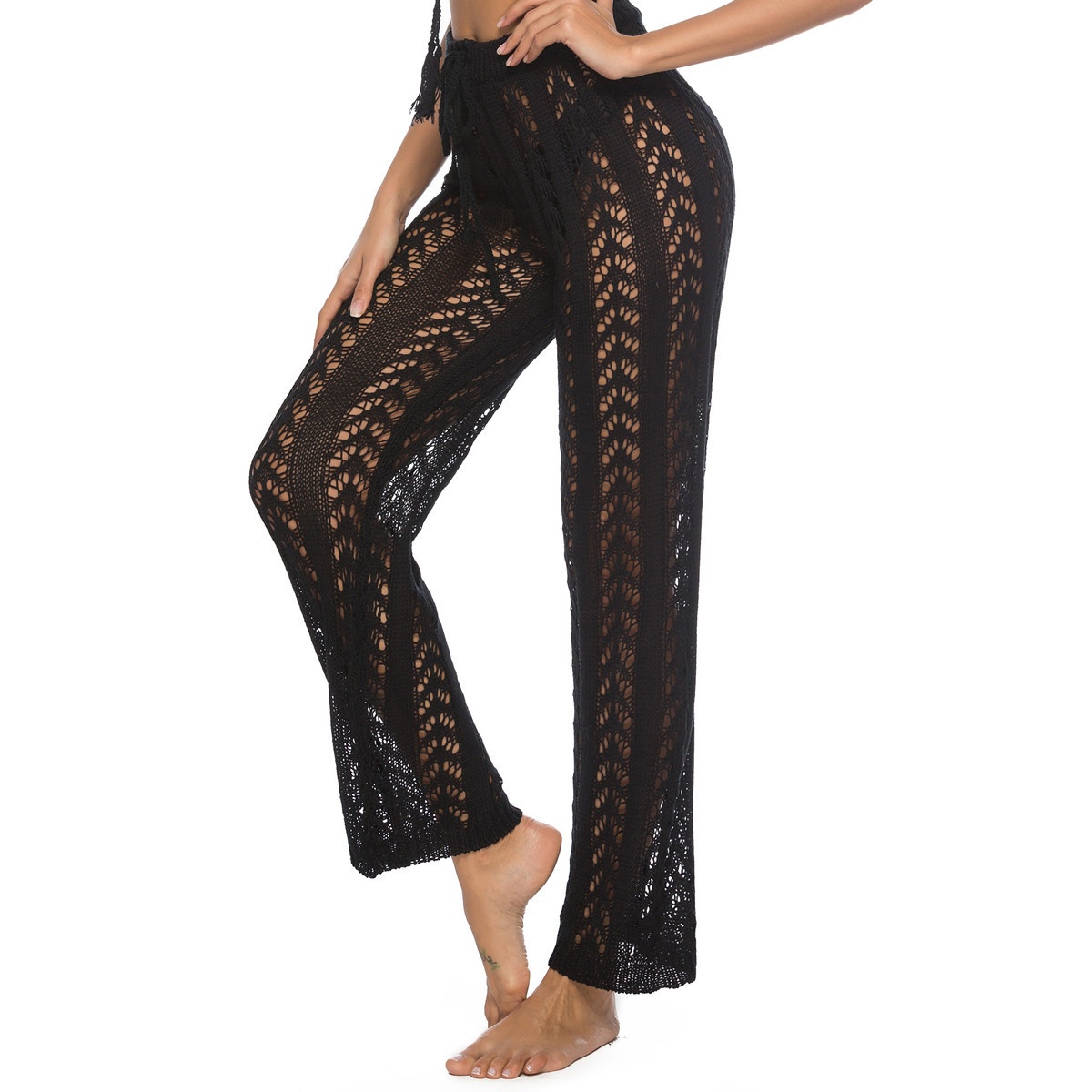 Women's Crochet Knit Beach Pants Sheer Wide Leg Cover-Up
