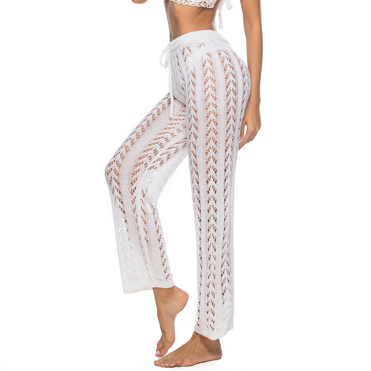 Women's Crochet Knit Beach Pants Sheer Wide Leg Cover-Up