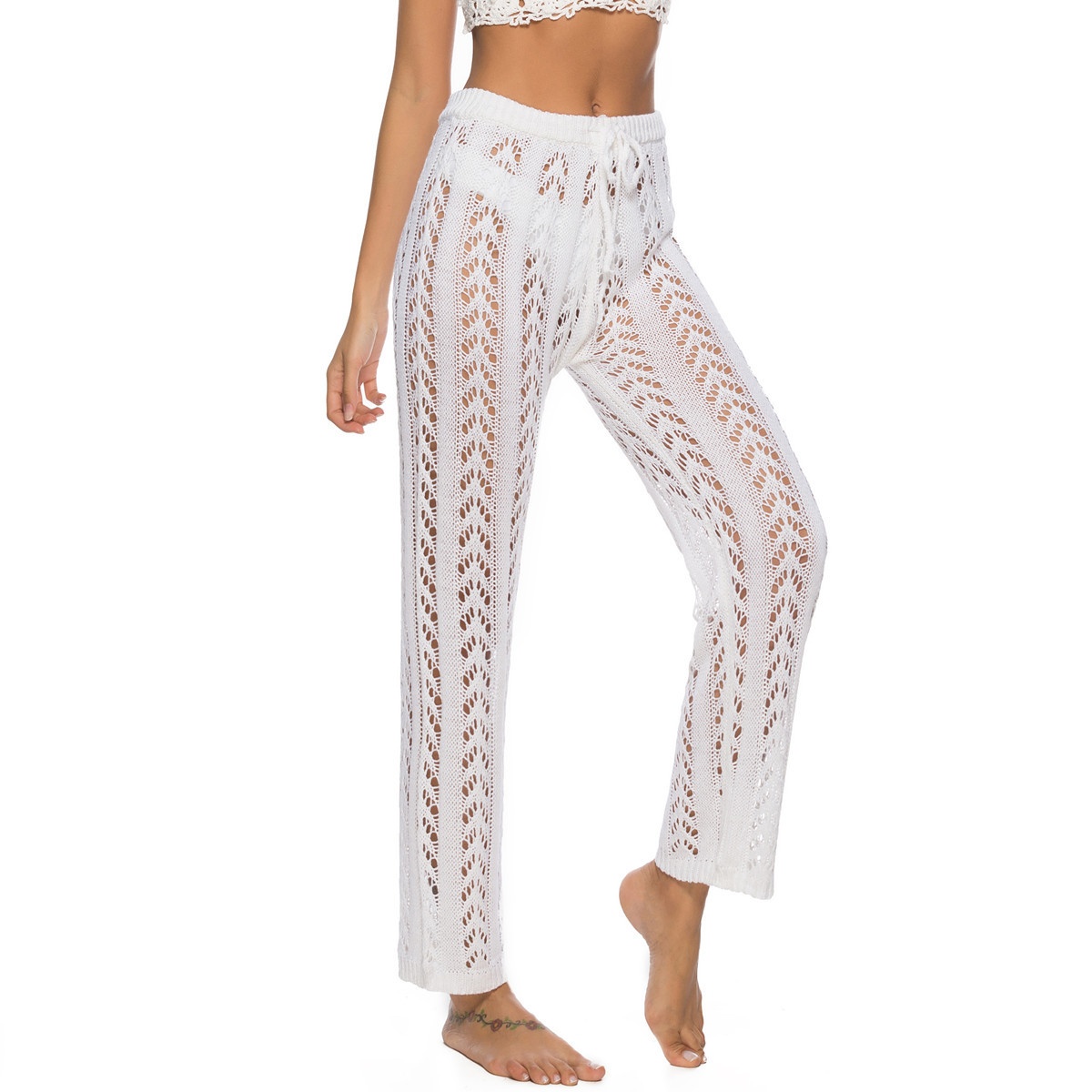 Women's Crochet Knit Beach Pants Sheer Wide Leg Cover-Up