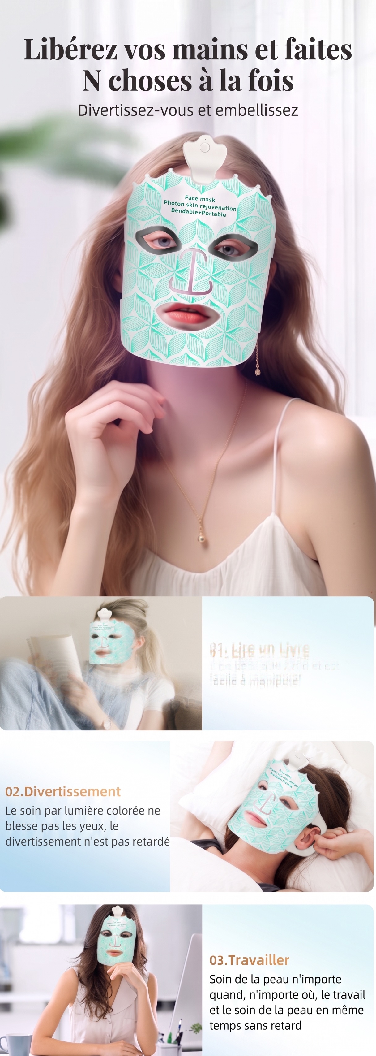 Masque facial de rajeunissement par photons LED 7 couleurs - Flexible et portable