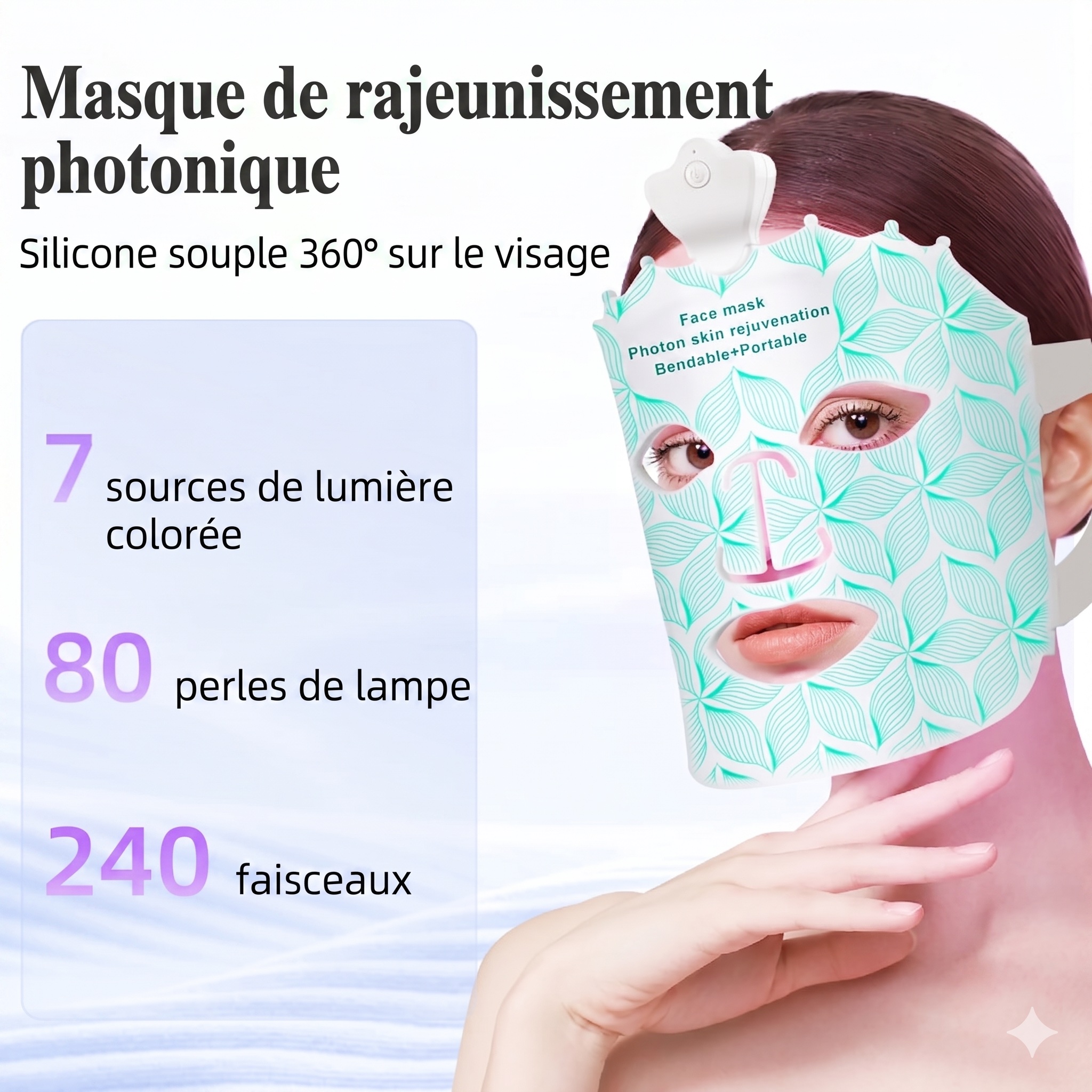 Masque facial de rajeunissement par photons LED 7 couleurs - Flexible et portable