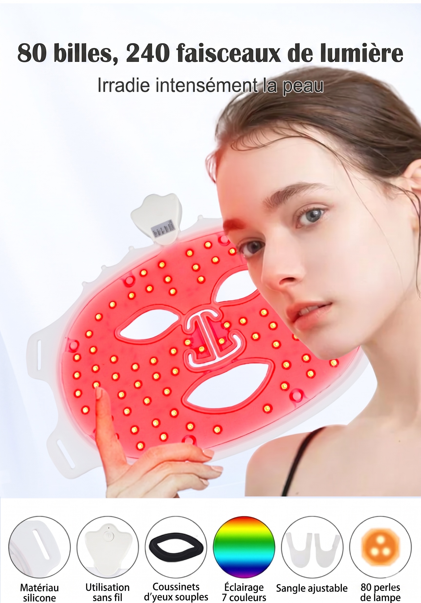 Masque facial de rajeunissement par photons LED 7 couleurs - Flexible et portable