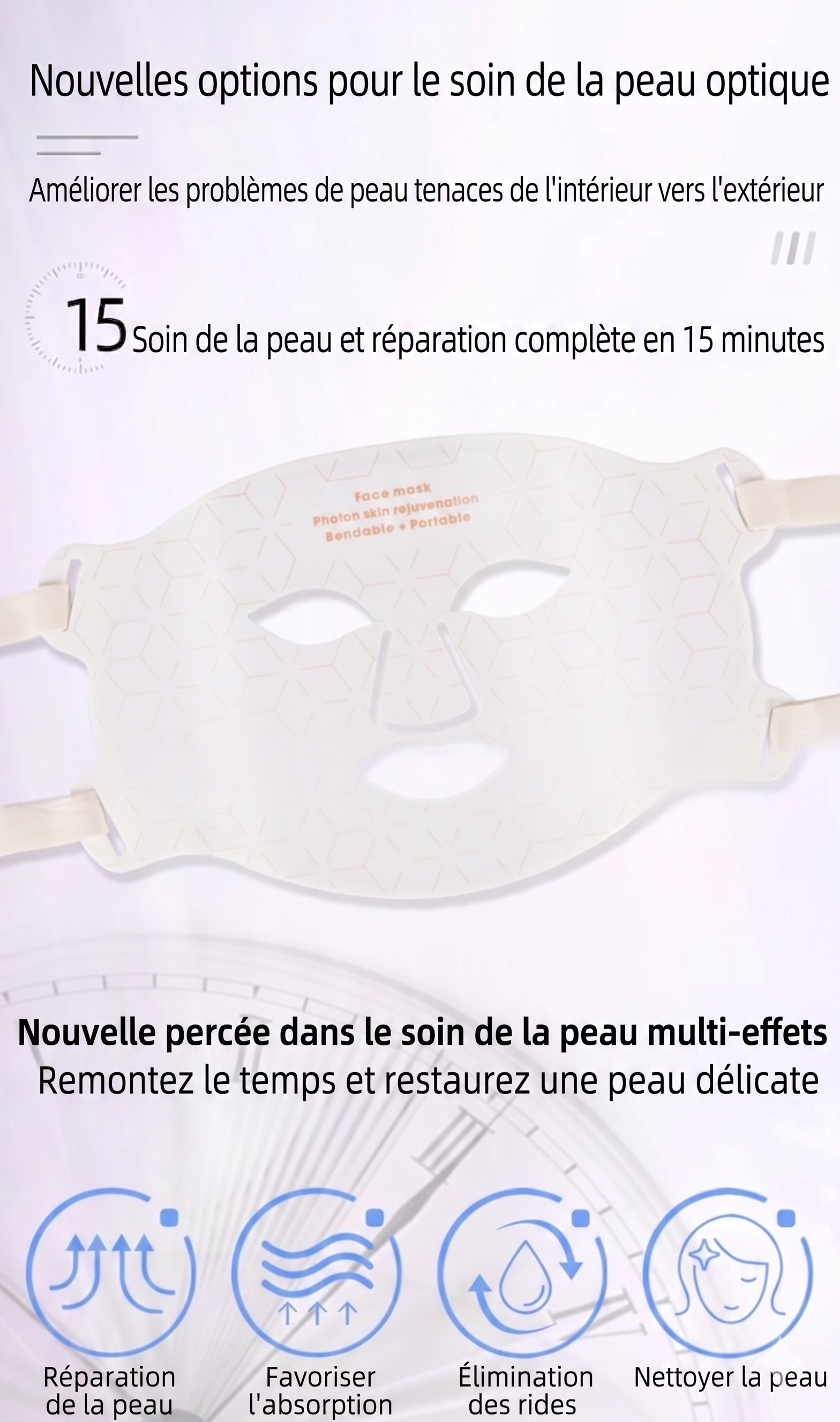 Ensemble de masques de rajeunissement de la peau par photons LED pour le visage et le cou - Flexible et portable