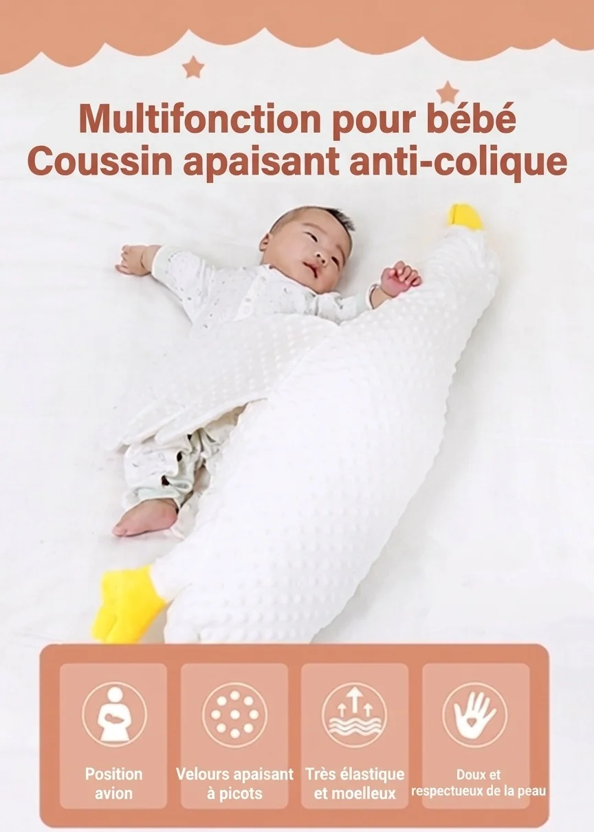 Coussin apaisant pour bébé en forme d'oie, coussin anti-flatulences pour bébé, idéal pour les moments passés sur le ventre, avec sangle de fixation et housse amovible et lavable.