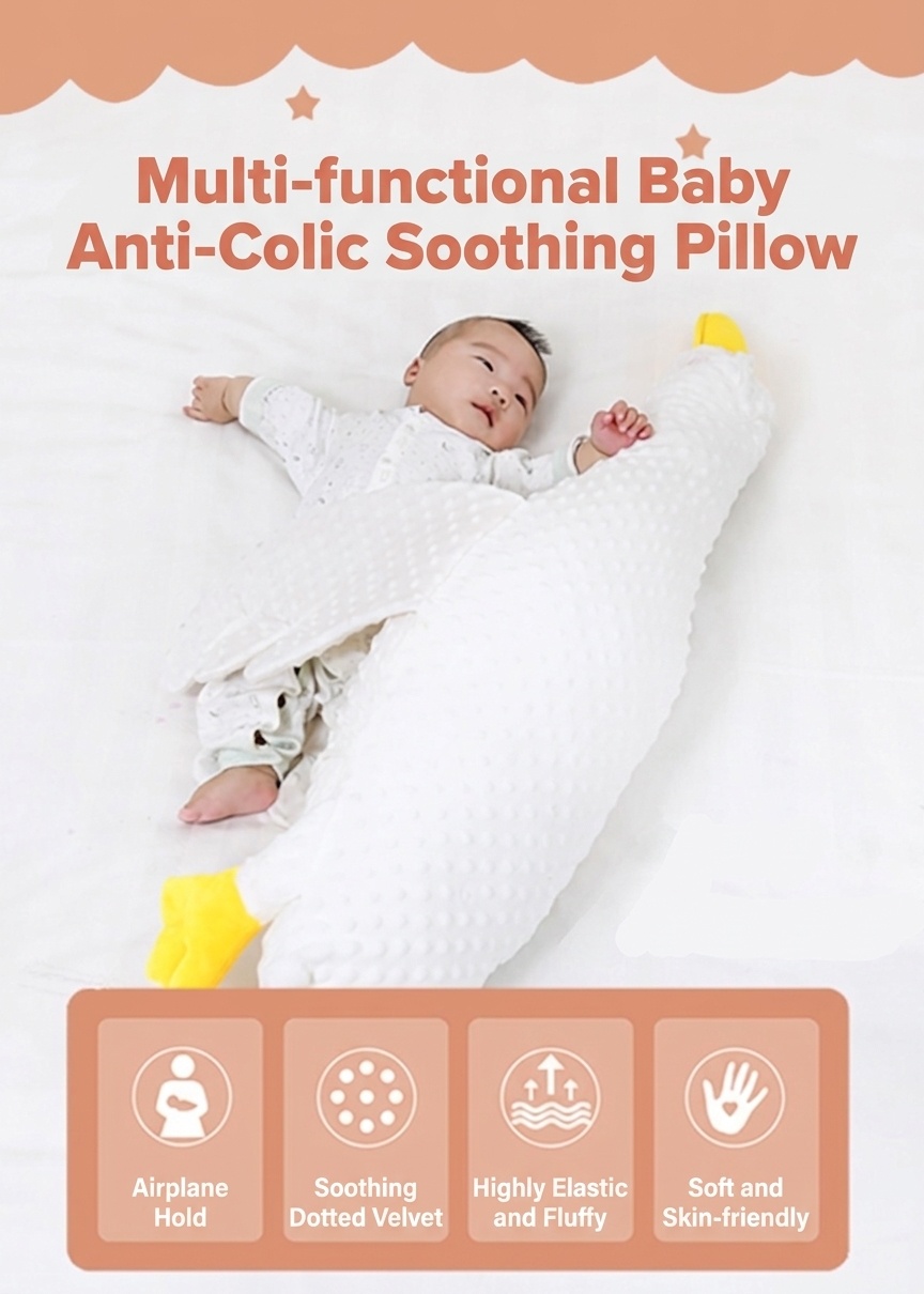 Almohada relajante para bebés con forma de ganso, cojín antiflatulencia para bebés durante el tiempo boca abajo con correa de sujeción, funda extraíble y lavable.
