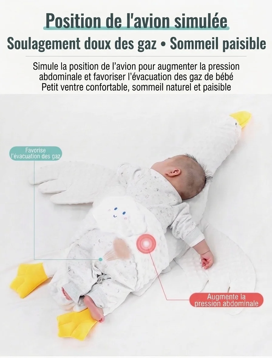 Coussin apaisant pour bébé en forme d'oie, coussin anti-flatulences pour bébé, idéal pour les moments passés sur le ventre, avec sangle de fixation et housse amovible et lavable.
