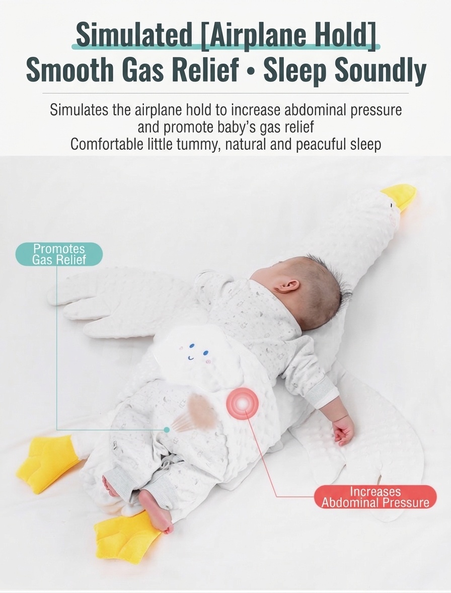 Almohada relajante para bebés con forma de ganso, cojín antiflatulencia para bebés durante el tiempo boca abajo con correa de sujeción, funda extraíble y lavable.