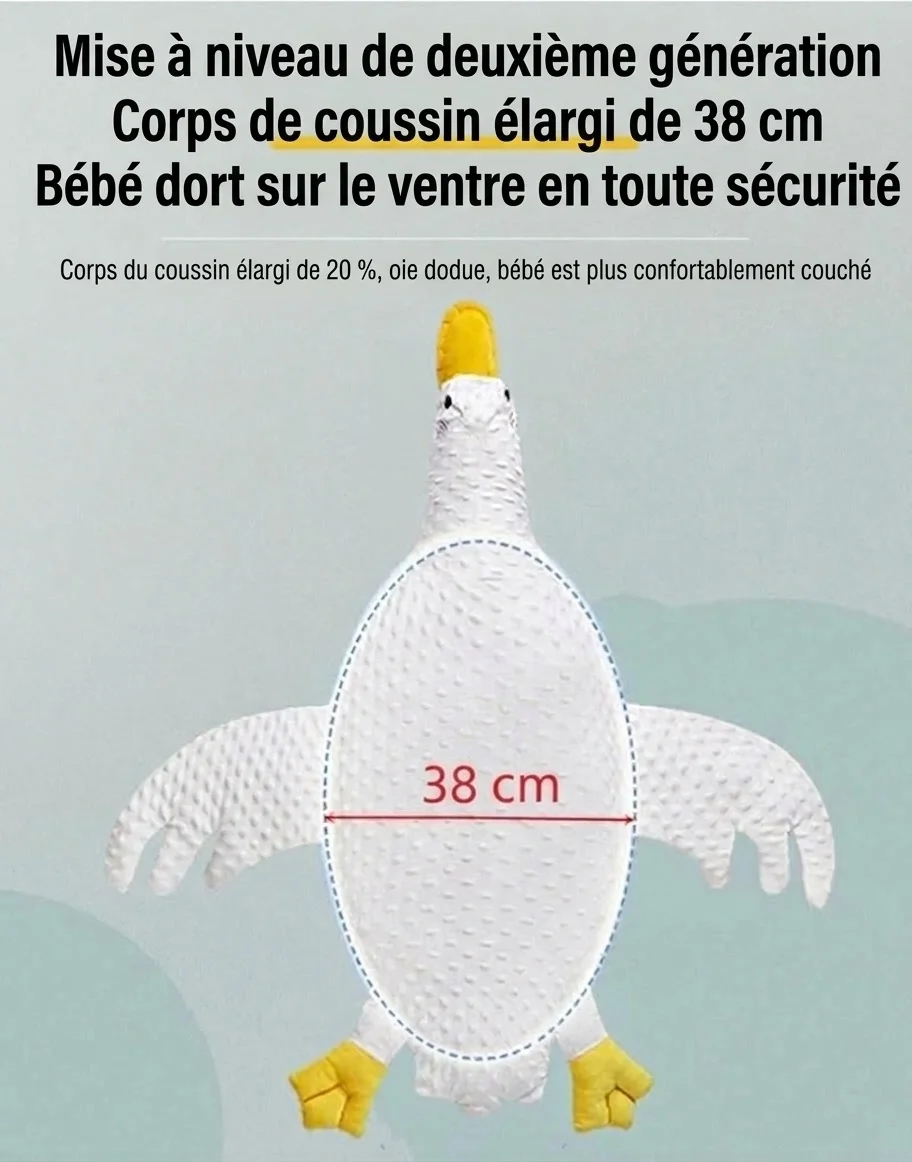 Coussin apaisant pour bébé en forme d'oie, coussin anti-flatulences pour bébé, idéal pour les moments passés sur le ventre, avec sangle de fixation et housse amovible et lavable.
