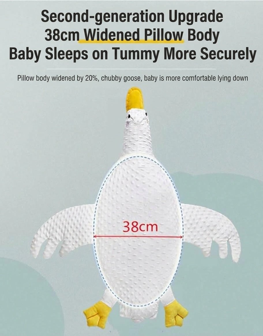 Cuscino calmante per neonati a forma di oca, cuscino antiflatulenza per il tummy time con cinturino di fissaggio, fodera rimovibile e lavabile.