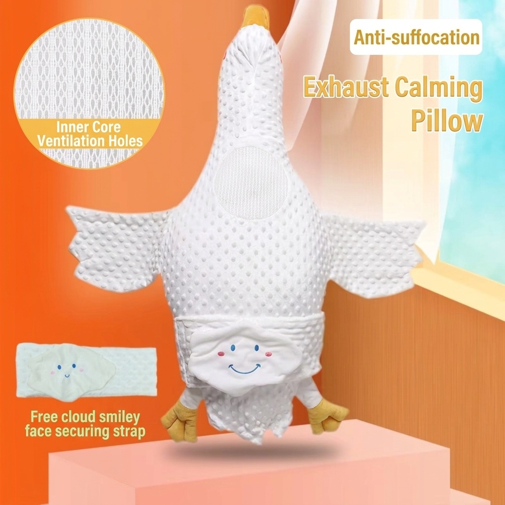 Almohada relajante para bebés con forma de ganso, cojín antiflatulencia para bebés durante el tiempo boca abajo con correa de sujeción, funda extraíble y lavable.