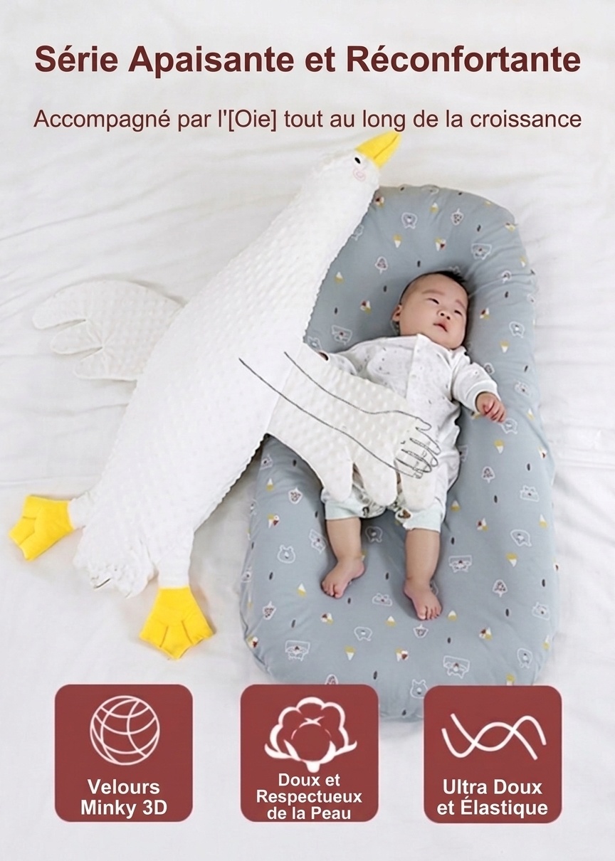 Coussin apaisant pour bébé en forme d'oie, coussin anti-flatulences pour bébé, idéal pour les moments passés sur le ventre, avec sangle de fixation et housse amovible et lavable.