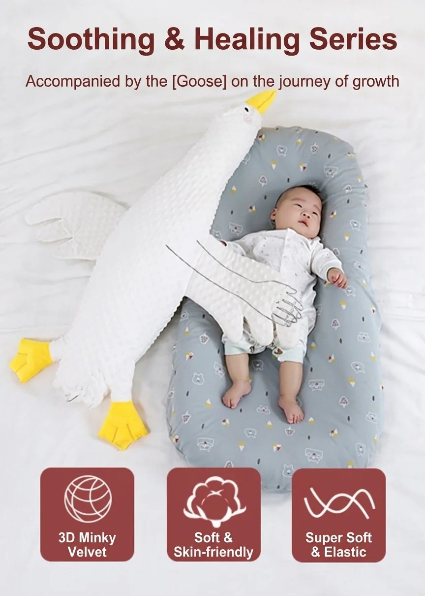 Cuscino calmante per neonati a forma di oca, cuscino antiflatulenza per il tummy time con cinturino di fissaggio, fodera rimovibile e lavabile.