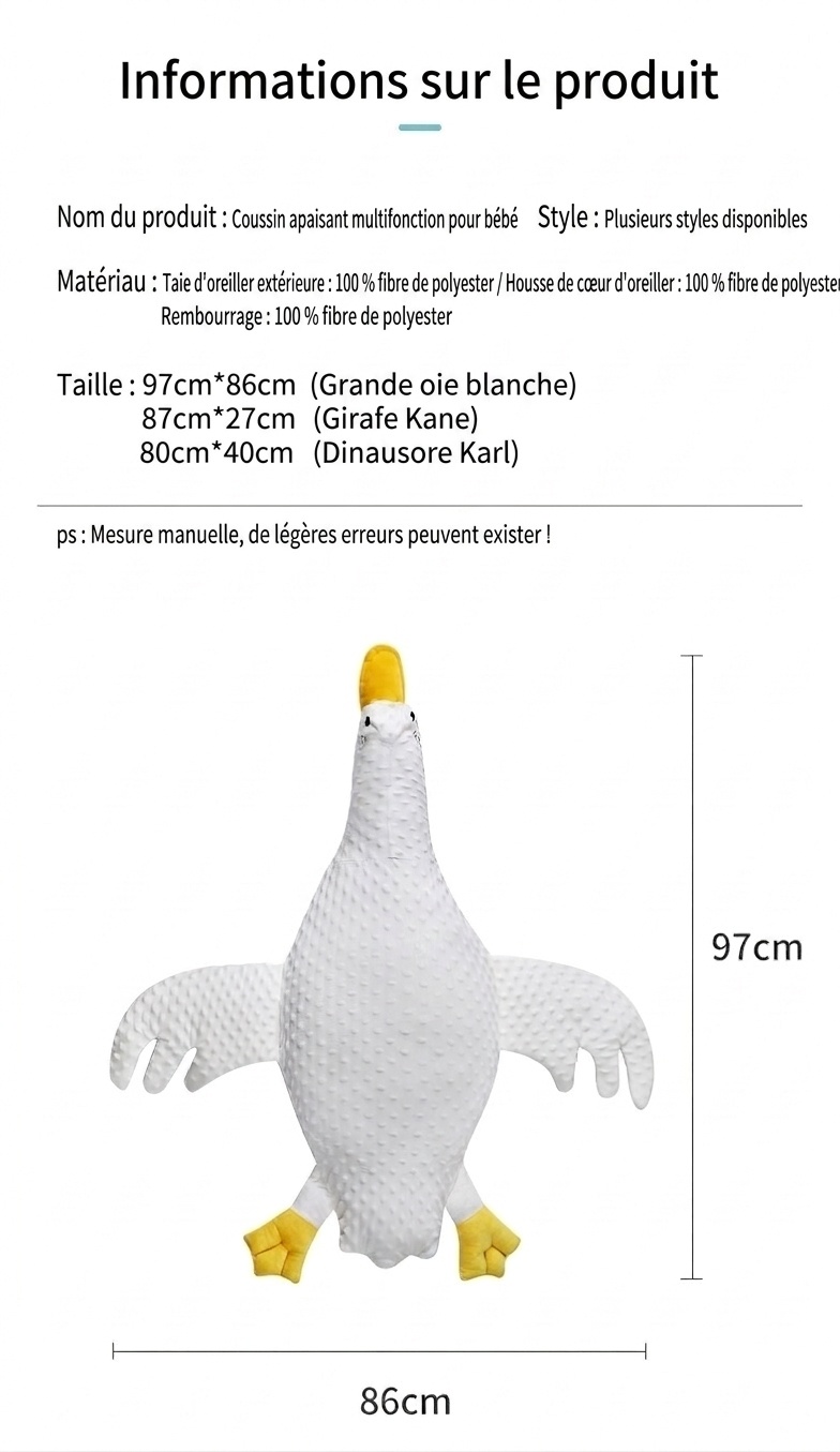 Coussin apaisant pour bébé en forme d'oie, coussin anti-flatulences pour bébé, idéal pour les moments passés sur le ventre, avec sangle de fixation et housse amovible et lavable.