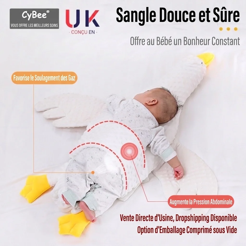Coussin apaisant pour bébé en forme d'oie, coussin anti-flatulences pour bébé, idéal pour les moments passés sur le ventre, avec sangle de fixation et housse amovible et lavable.