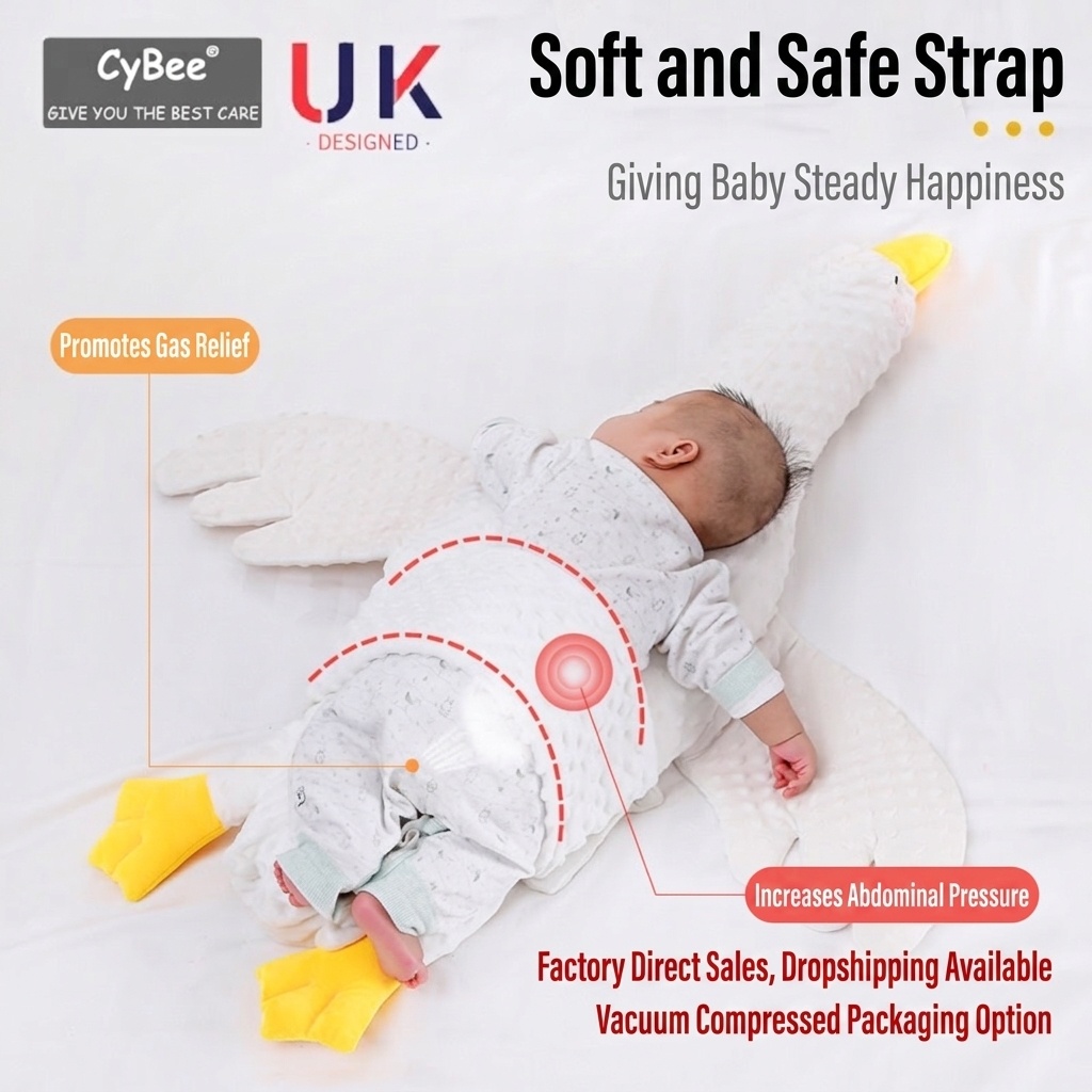 Almohada relajante para bebés con forma de ganso, cojín antiflatulencia para bebés durante el tiempo boca abajo con correa de sujeción, funda extraíble y lavable.