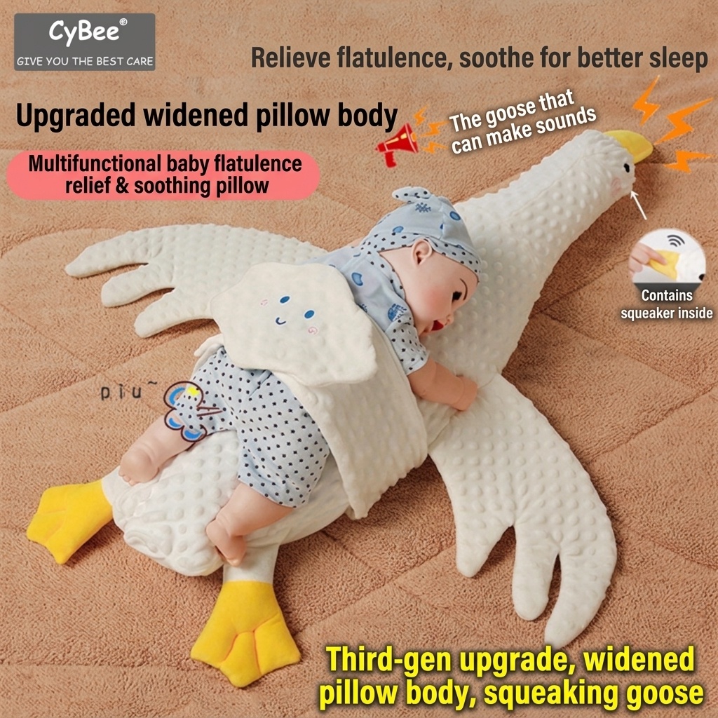 Almohada relajante para bebés con forma de ganso, cojín antiflatulencia para bebés durante el tiempo boca abajo con correa de sujeción, funda extraíble y lavable.