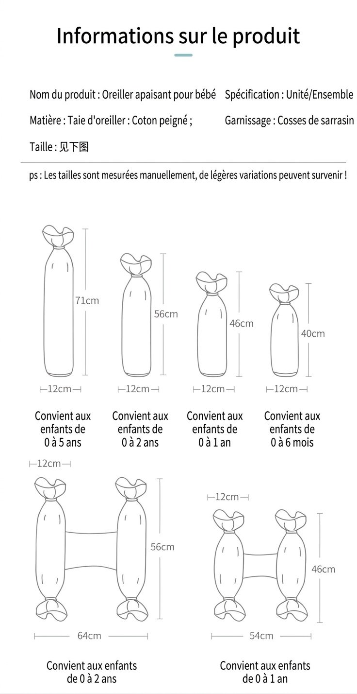 Oreiller de positionnement pour bébé dormant sur le côté, réglable et anti-roulis, garni de sarrasin naturel et recouvert de coton.