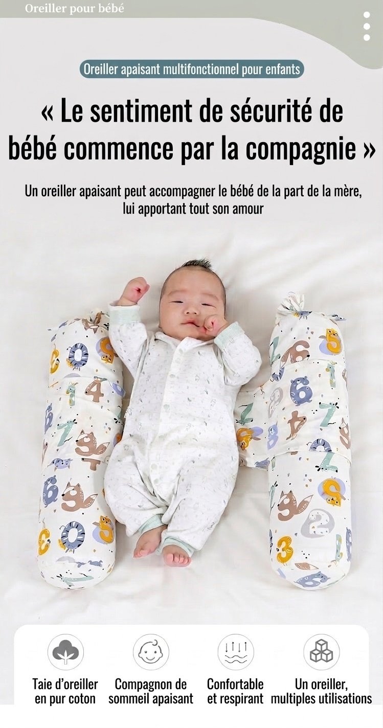 Oreiller de positionnement pour bébé dormant sur le côté, réglable et anti-roulis, garni de sarrasin naturel et recouvert de coton.