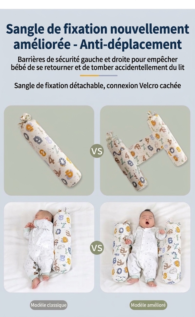 Oreiller de positionnement pour bébé dormant sur le côté, réglable et anti-roulis, garni de sarrasin naturel et recouvert de coton.