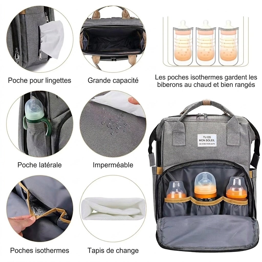 Sac à dos à langer 2 en 1 avec berceau portable, table à langer, poches isothermes et port de chargement USB