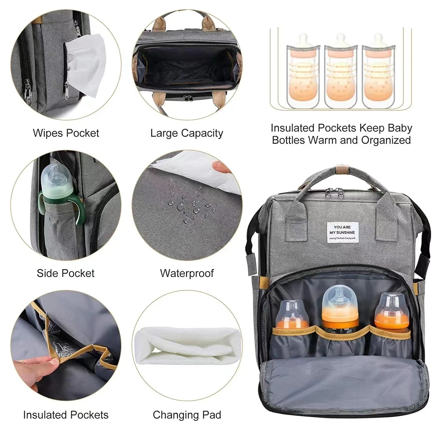 Mochila cambiador 2 en 1 con moisés portátil, cambiador, bolsillos térmicos y puerto de carga USB.