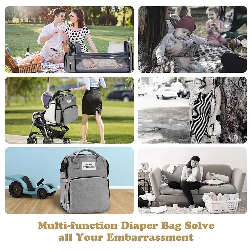 Mochila cambiador 2 en 1 con moisés portátil, cambiador, bolsillos térmicos y puerto de carga USB.