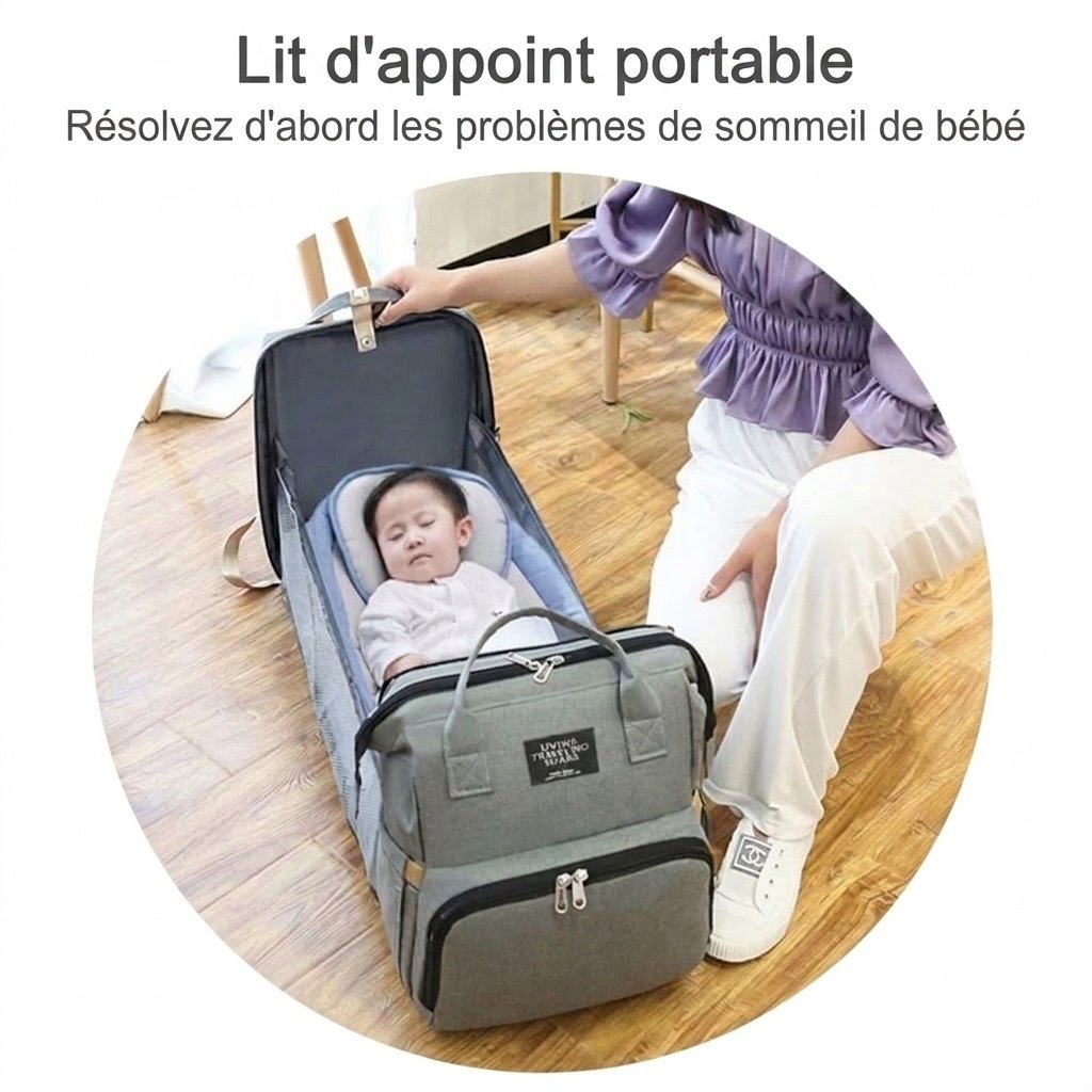 Sac à dos à langer 2 en 1 avec berceau portable, table à langer, poches isothermes et port de chargement USB