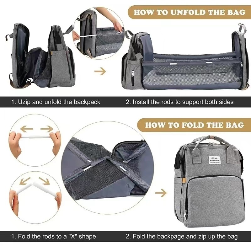 Mochila cambiador 2 en 1 con moisés portátil, cambiador, bolsillos térmicos y puerto de carga USB.