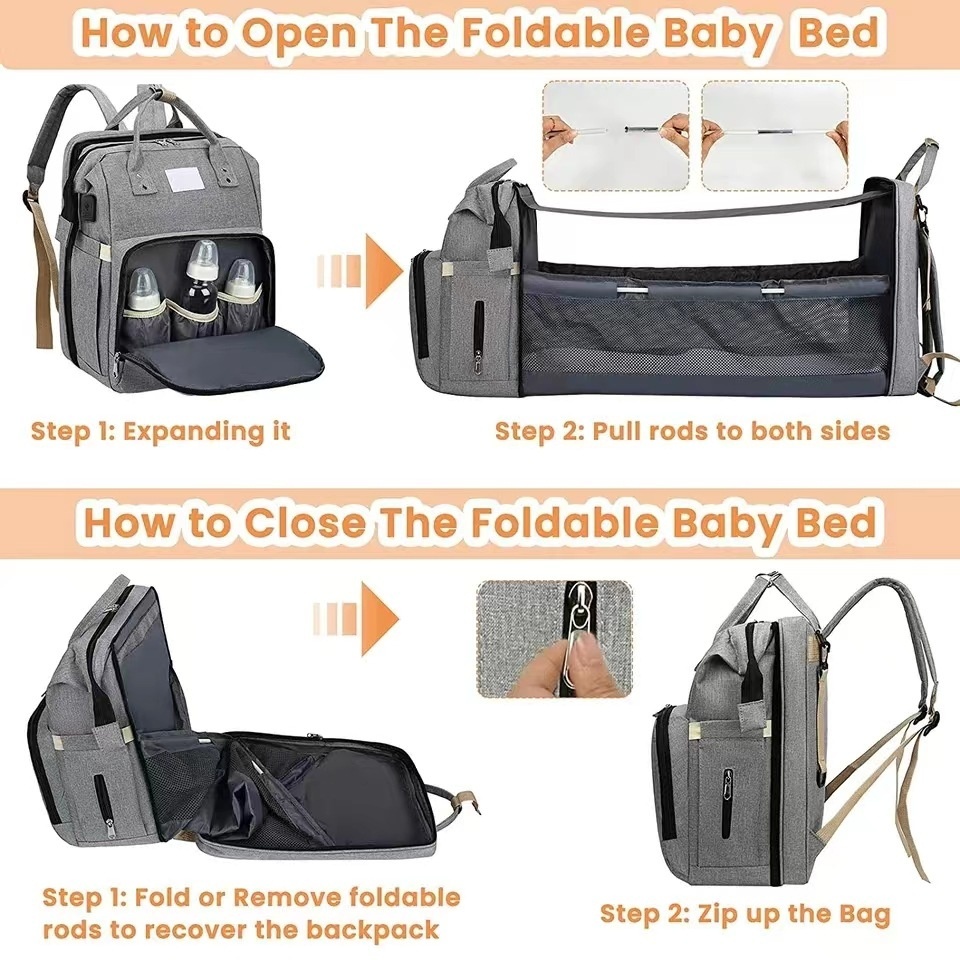 Mochila cambiador 2 en 1 con moisés portátil, cambiador, bolsillos térmicos y puerto de carga USB.