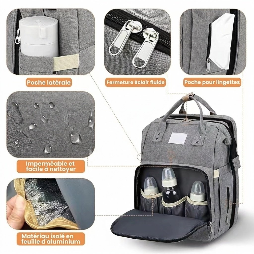 Sac à dos à langer 2 en 1 avec berceau portable, table à langer, poches isothermes et port de chargement USB