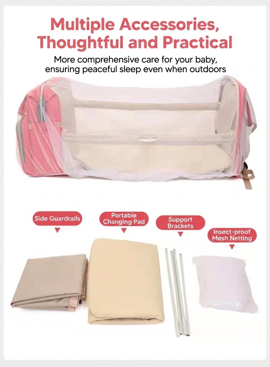 Zaino fasciatoio 2 in 1 con culla portatile, fasciatoio, tasche termiche e porta di ricarica USB.