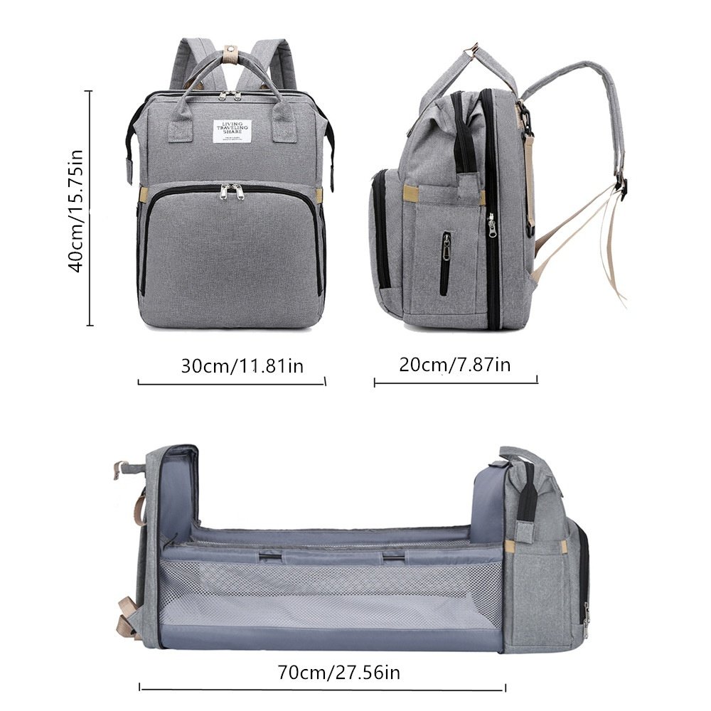 Zaino fasciatoio 2 in 1 con culla portatile, fasciatoio, tasche termiche e porta di ricarica USB.