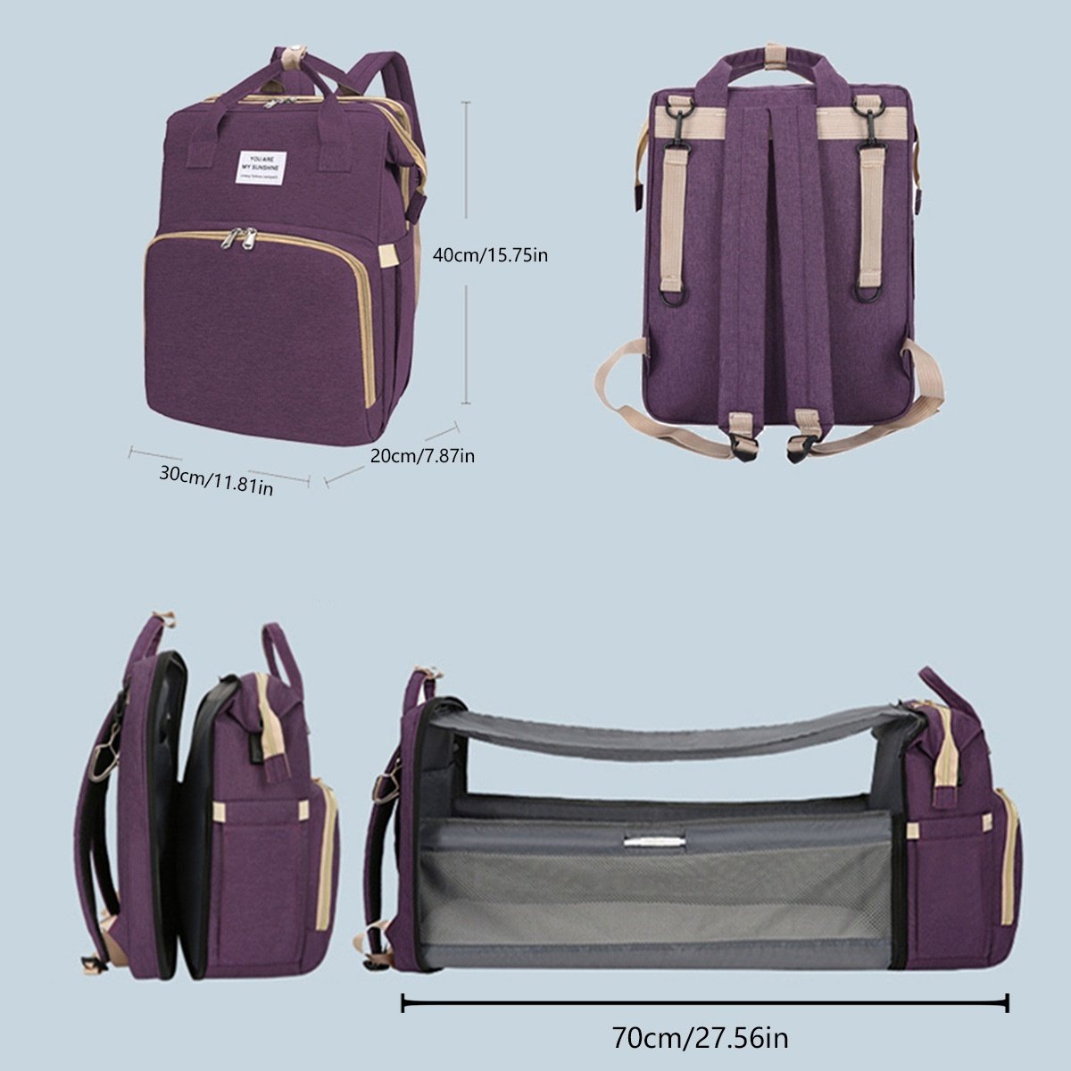 Zaino fasciatoio 2 in 1 con culla portatile, fasciatoio, tasche termiche e porta di ricarica USB.