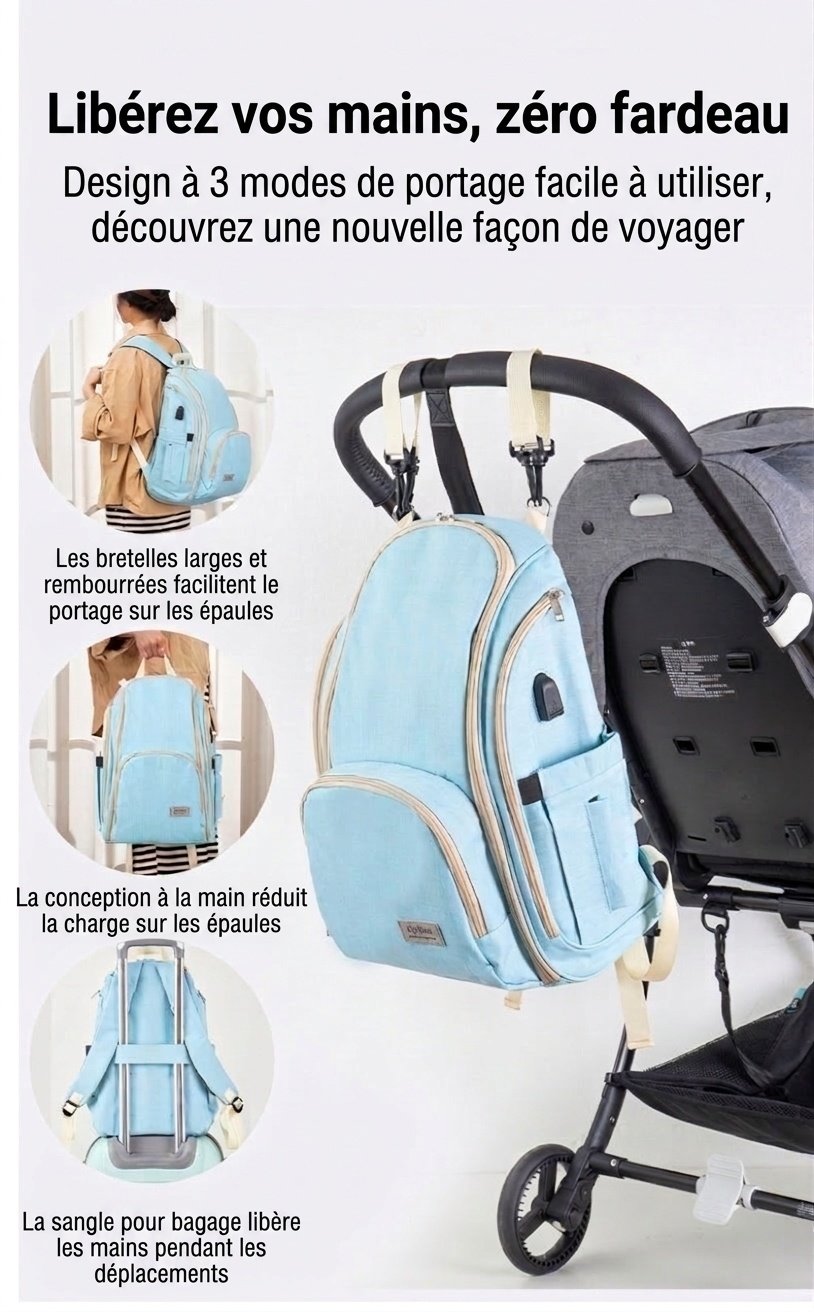 Sac à dos à langer grande capacité, imperméable, en tissu Oxford, avec port USB, poches isothermes pour biberons et sangles pour poussette.