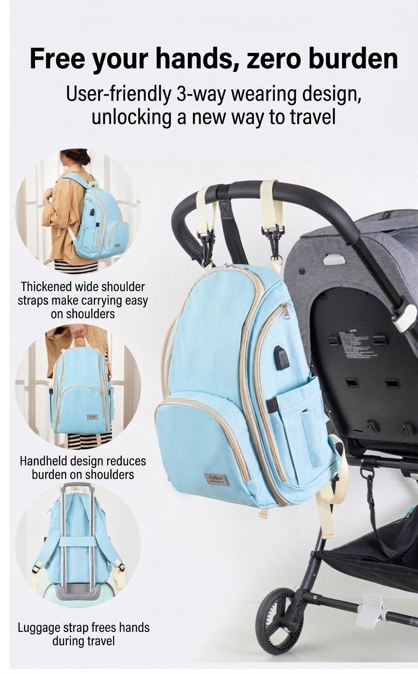Mochila cambiador de gran capacidad, impermeable, de tela Oxford, ideal para viajes, con puerto USB, bolsillos térmicos para biberones y correas para cochecito.