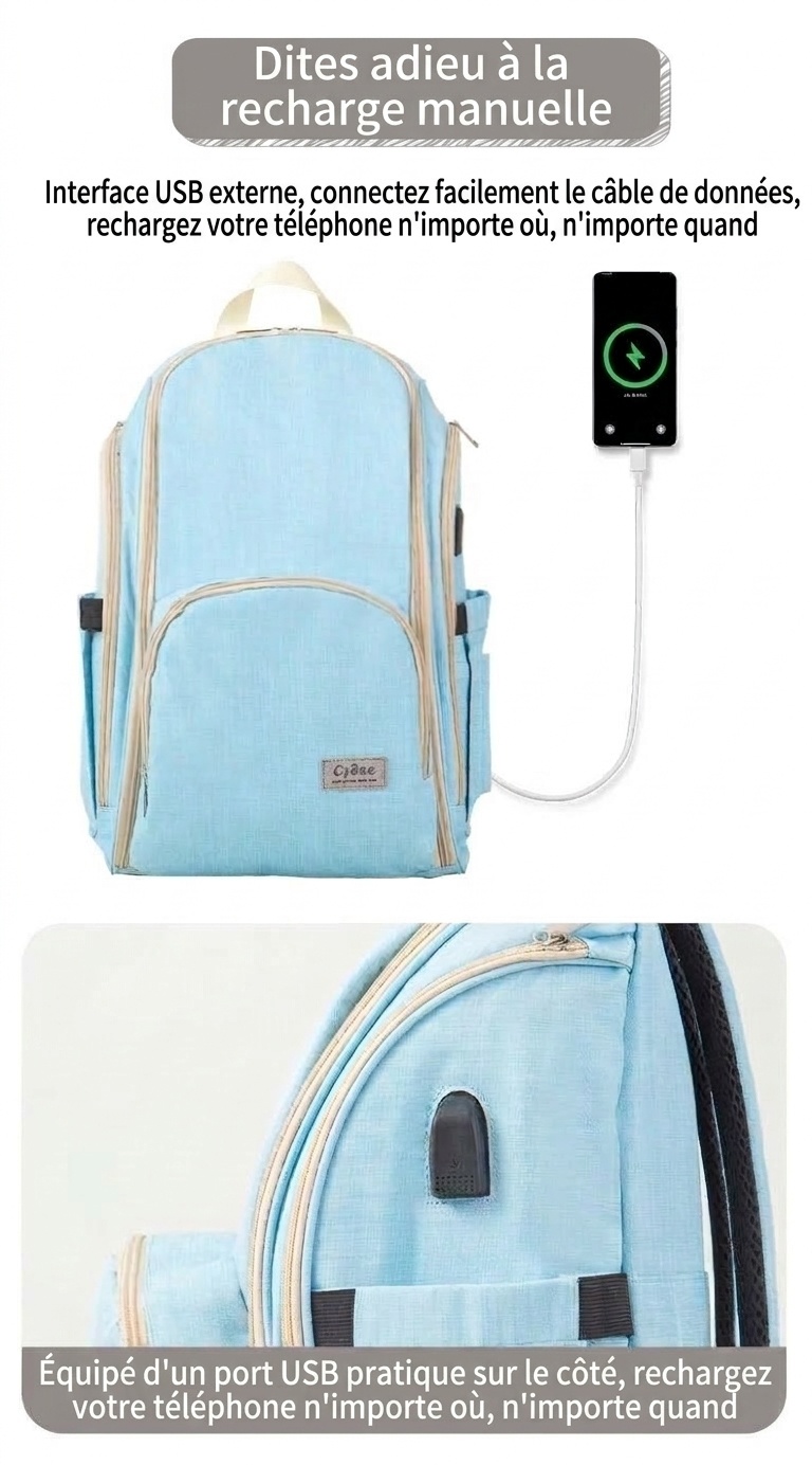 Sac à dos à langer grande capacité, imperméable, en tissu Oxford, avec port USB, poches isothermes pour biberons et sangles pour poussette.