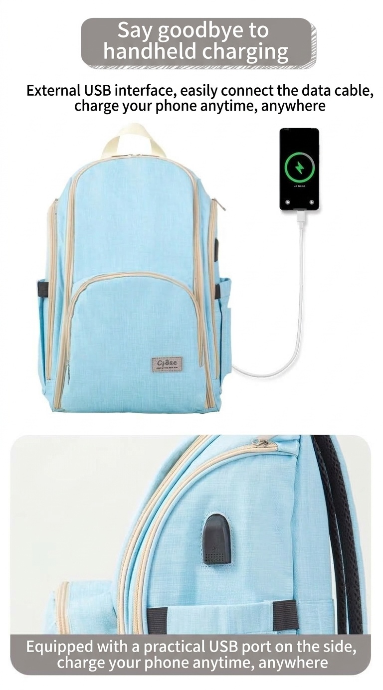 Mochila cambiador de gran capacidad, impermeable, de tela Oxford, ideal para viajes, con puerto USB, bolsillos térmicos para biberones y correas para cochecito.