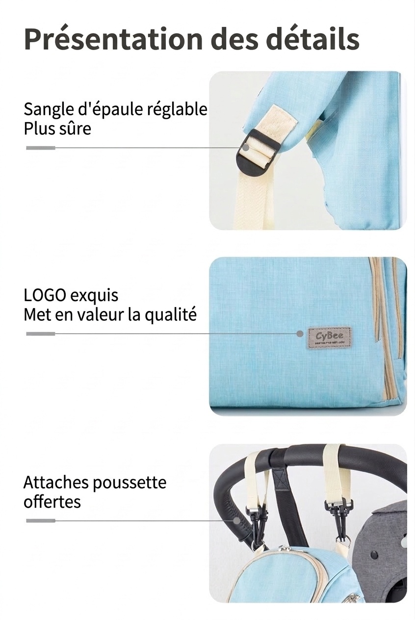 Sac à dos à langer grande capacité, imperméable, en tissu Oxford, avec port USB, poches isothermes pour biberons et sangles pour poussette.