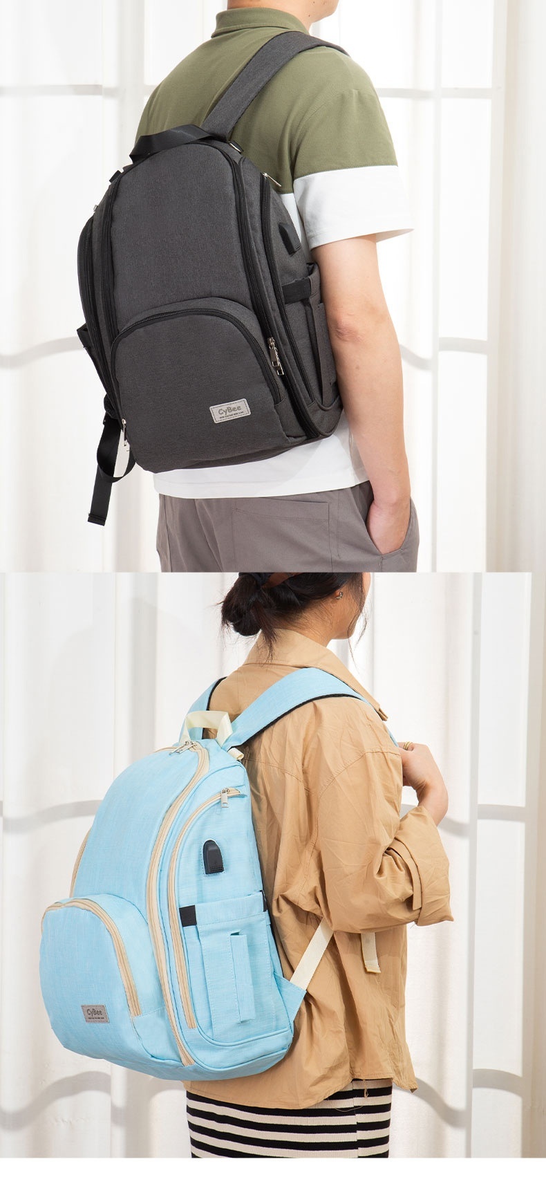 Mochila cambiador de gran capacidad, impermeable, de tela Oxford, ideal para viajes, con puerto USB, bolsillos térmicos para biberones y correas para cochecito.