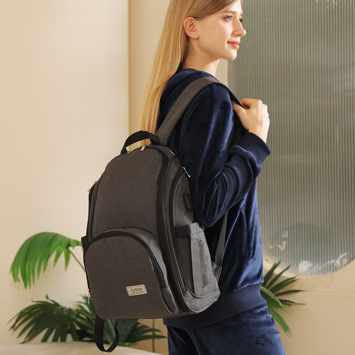 Mochila cambiador de gran capacidad, impermeable, de tela Oxford, ideal para viajes, con puerto USB, bolsillos térmicos para biberones y correas para cochecito.