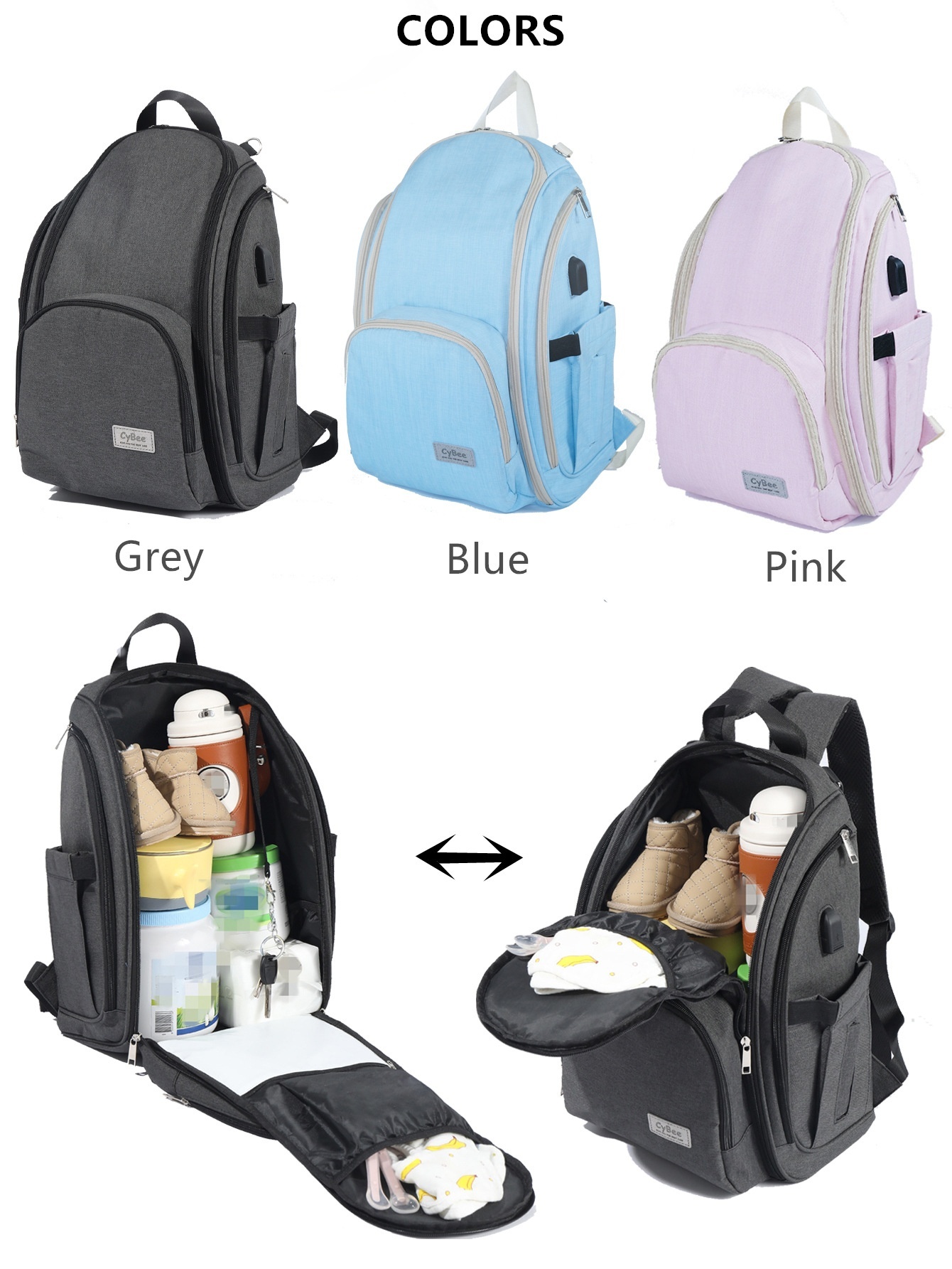 Mochila cambiador de gran capacidad, impermeable, de tela Oxford, ideal para viajes, con puerto USB, bolsillos térmicos para biberones y correas para cochecito.