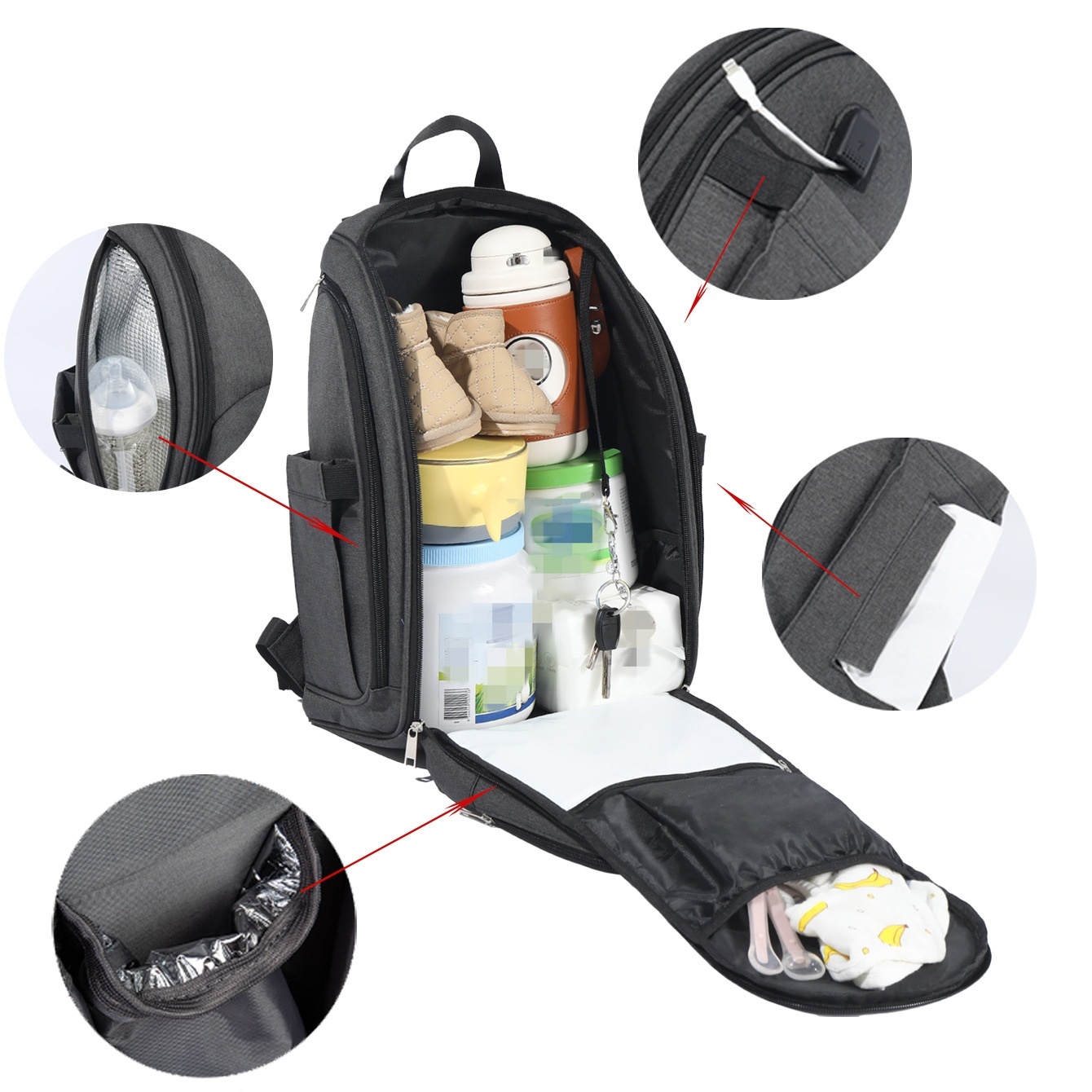 Mochila cambiador de gran capacidad, impermeable, de tela Oxford, ideal para viajes, con puerto USB, bolsillos térmicos para biberones y correas para cochecito.