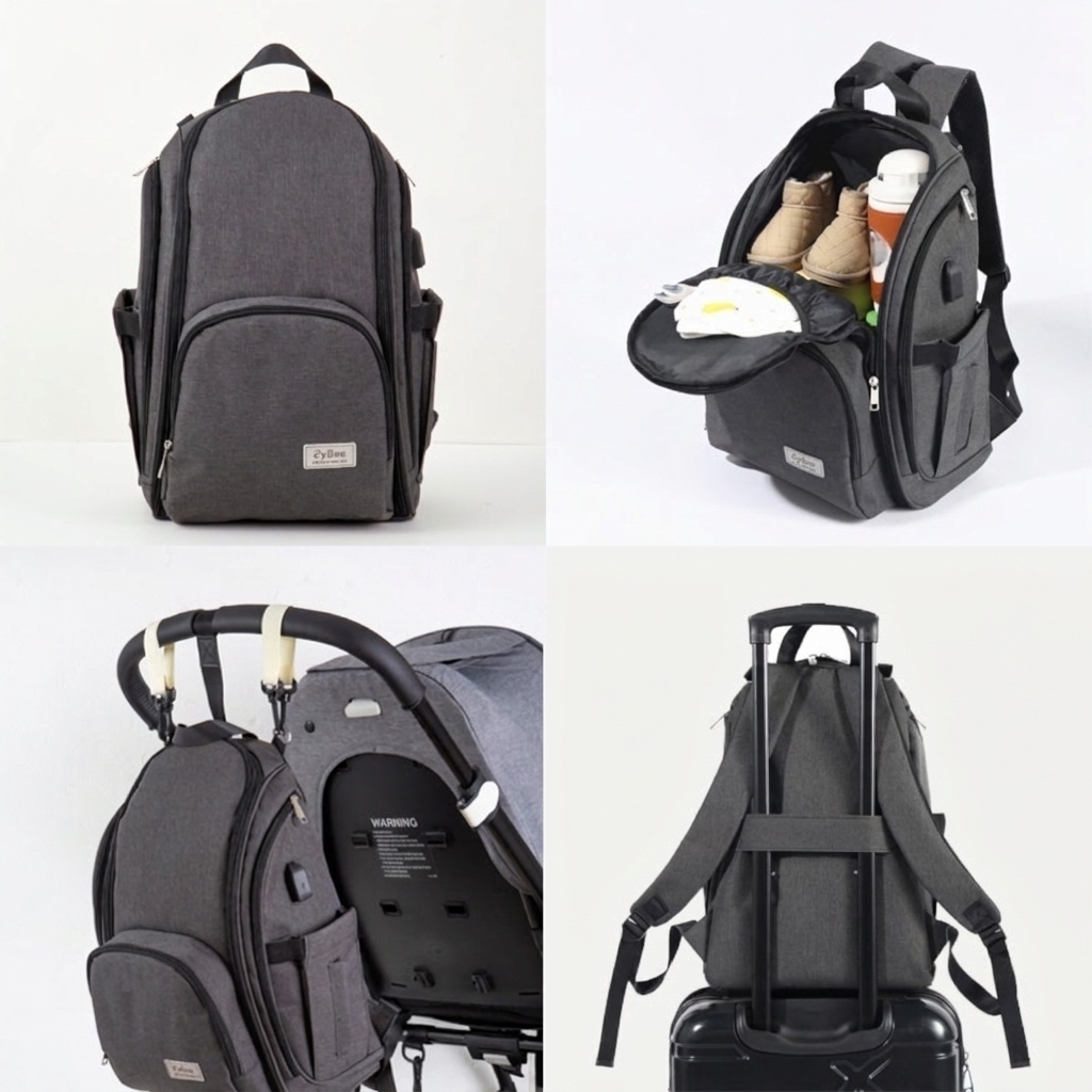Mochila cambiador de gran capacidad, impermeable, de tela Oxford, ideal para viajes, con puerto USB, bolsillos térmicos para biberones y correas para cochecito.