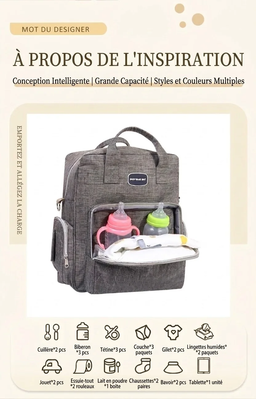 Sac à dos à langer multifonctionnel avec matelas à langer pliable, sac de voyage pour bébé imperméable en Oxford avec poches isothermes