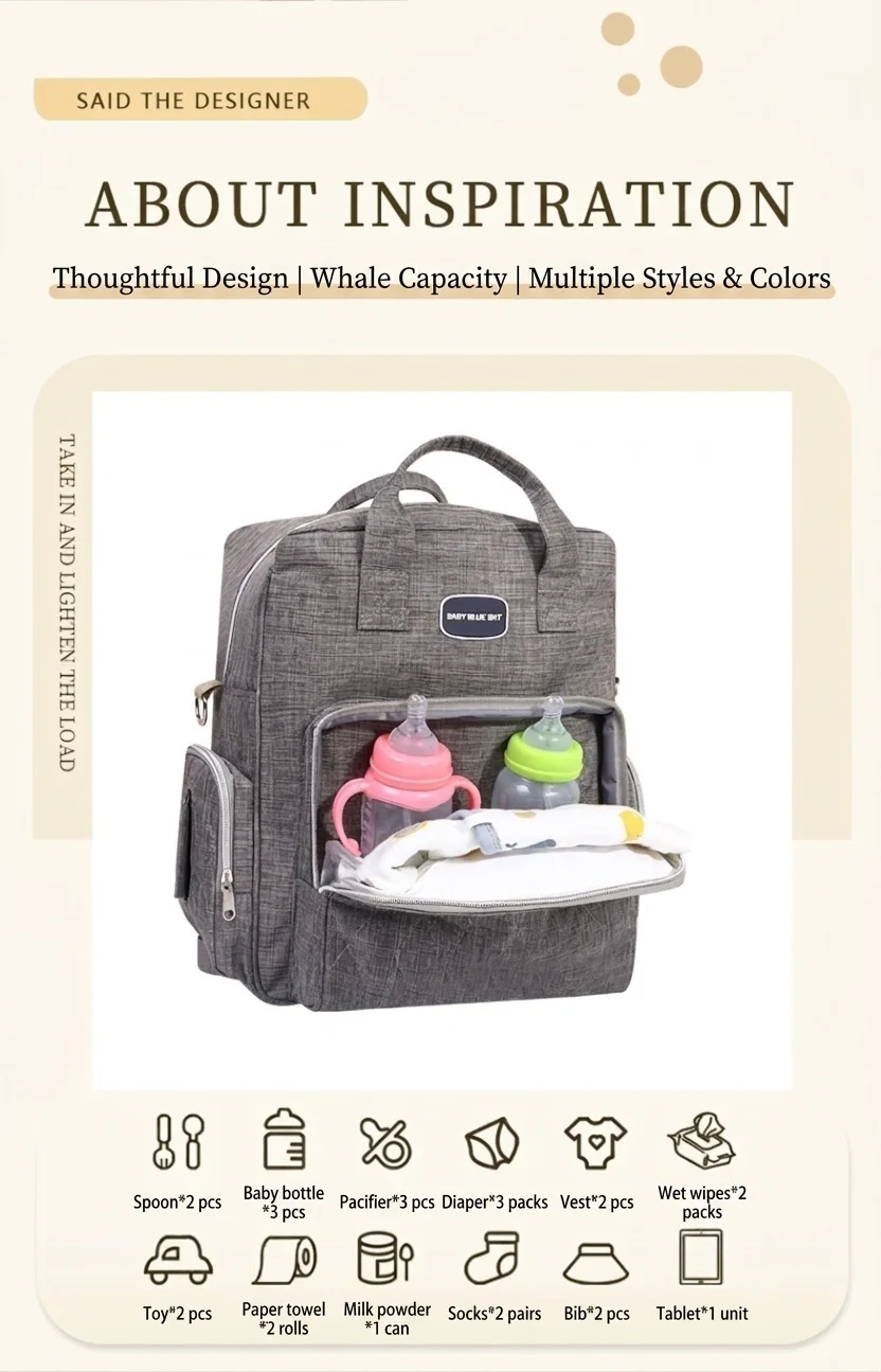 Zaino fasciatoio multifunzionale con fasciatoio pieghevole, borsa da viaggio per neonati in tessuto Oxford impermeabile con tasche termiche.