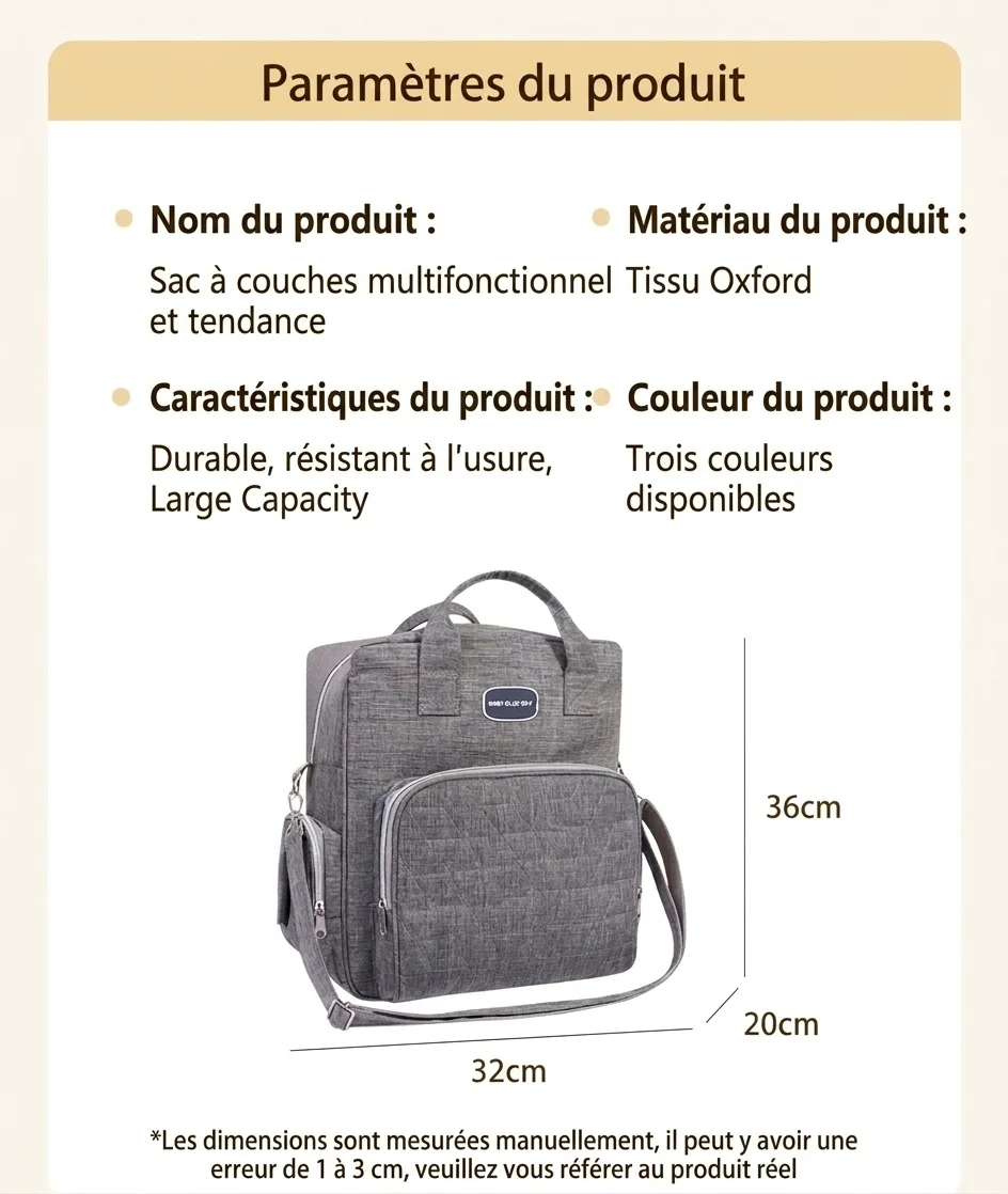 Sac à dos à langer multifonctionnel avec matelas à langer pliable, sac de voyage pour bébé imperméable en Oxford avec poches isothermes