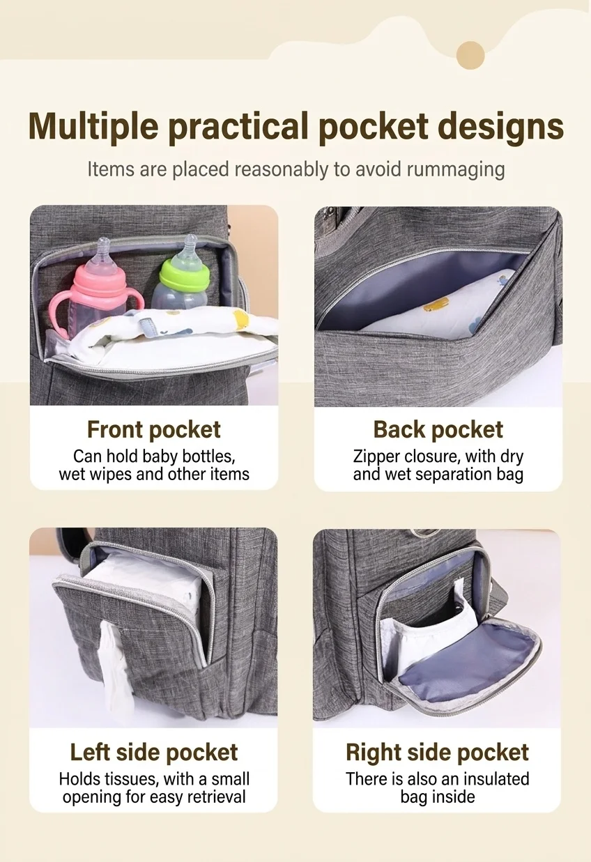Zaino fasciatoio multifunzionale con fasciatoio pieghevole, borsa da viaggio per neonati in tessuto Oxford impermeabile con tasche termiche.
